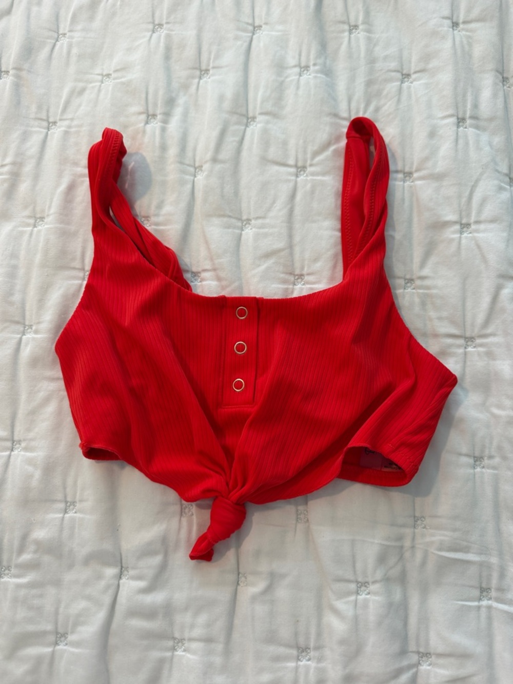 Beach Bunny Red Ribbed Tie-Front Bikini Top
